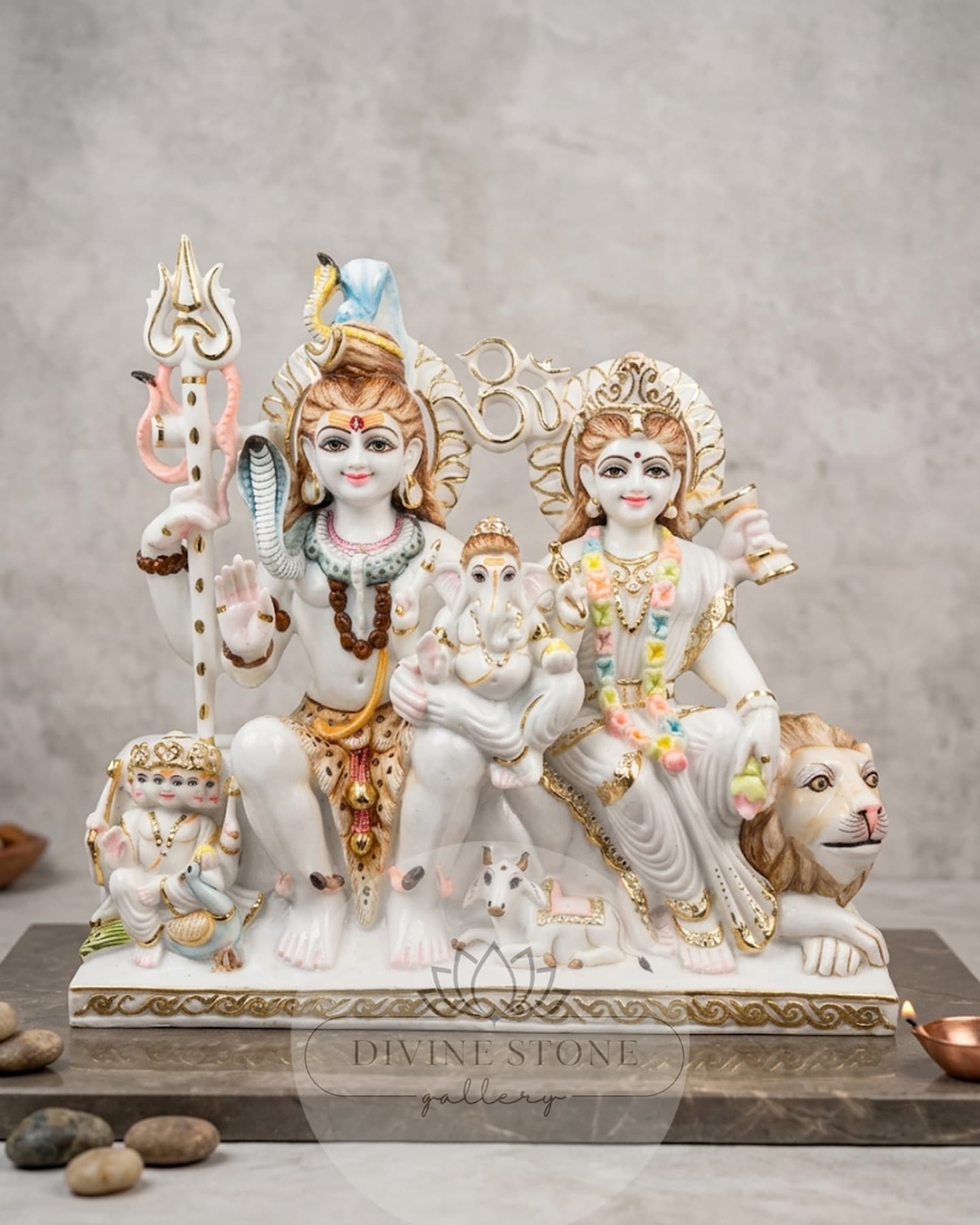 Hand-carved Gauri Shankar family marble sculpture