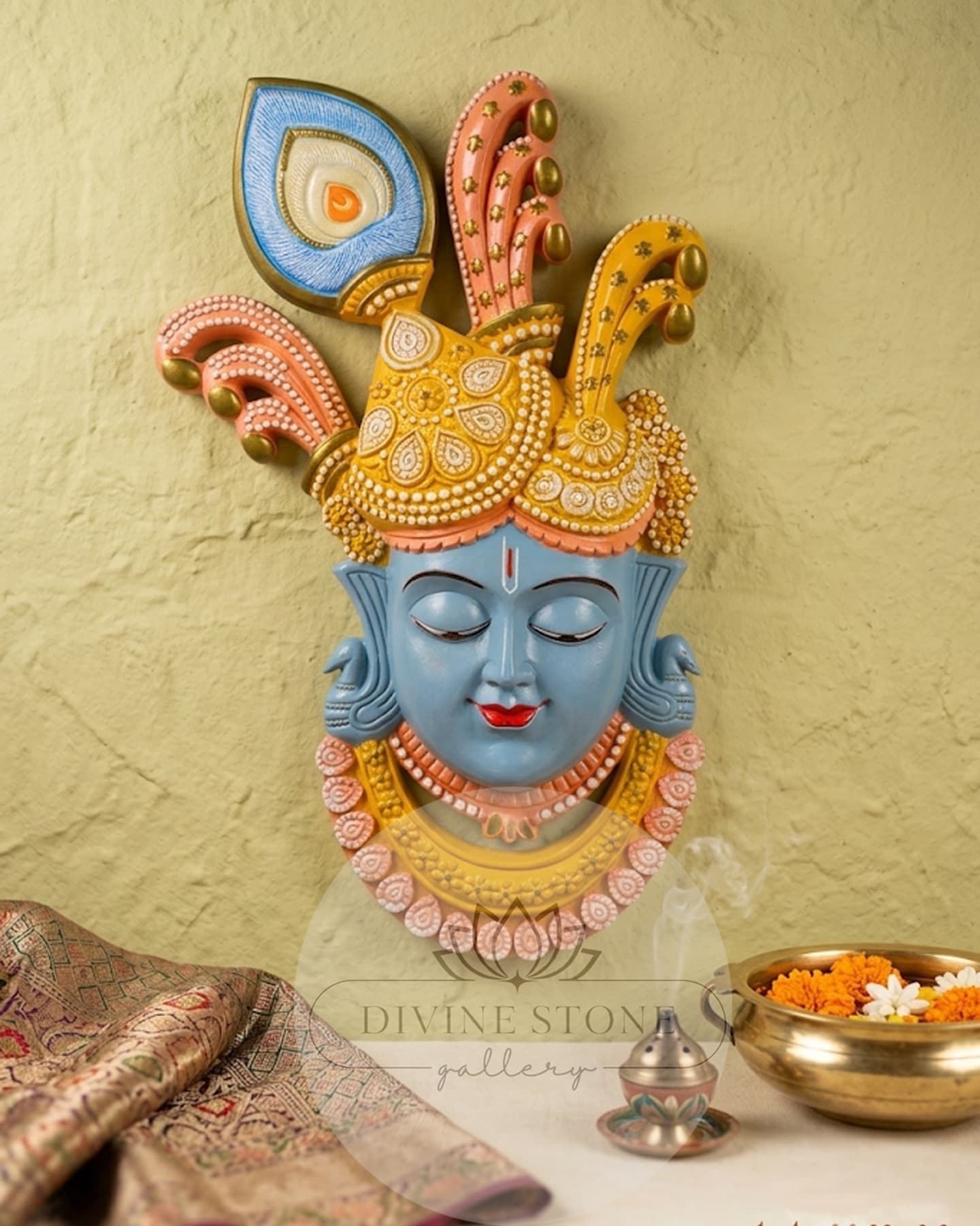Detailed hand-painted Shrinathji marble wall sculpture